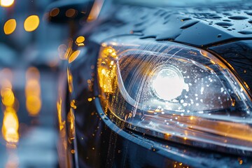 A close-up of the headlights of a car being polished to remove dust, dust removal from the car headlights, car wash, mobile detailing, car detailing closeup, dust cleaning from the car, car cleaning - obrazy, fototapety, plakaty