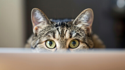 A close-up view of a domestic cat curiously looking over a wooden table