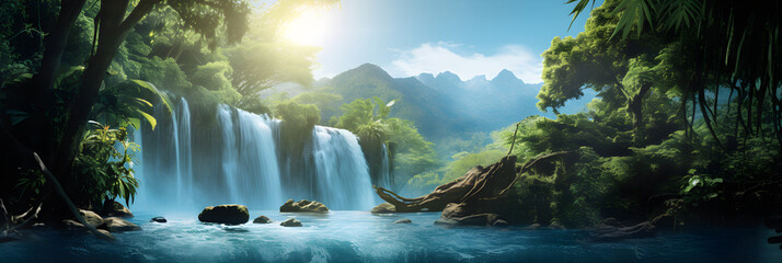 Magical Scenic Display of a Cascading Tropical Waterfall in an Untouched Wilderness