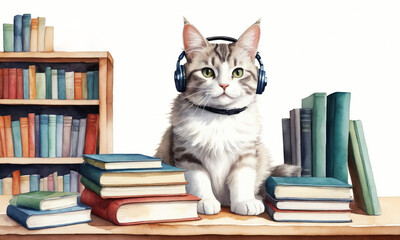 Cute cat wearing headphones and reading a book. Good for articles or blog posts about cats, animals, pets, reading, education, or music.