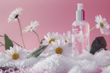 Skincare Essence in Pump Bottle with Daisies, Pink Serenity Aesthetics