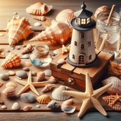 sea shells and starfish on sand