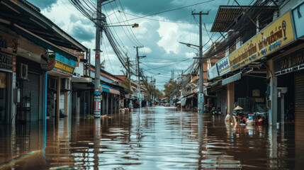 Fototapeta premium A flooded urban street with people navigating through the water, walking carefully to avoid getting wet