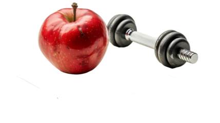 An apple and a barbell stand side by side, symbolizing the balance between fitness and nutrition