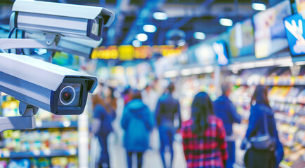 CCTV cameras focused on shoppers in a colorful supermarket aisle