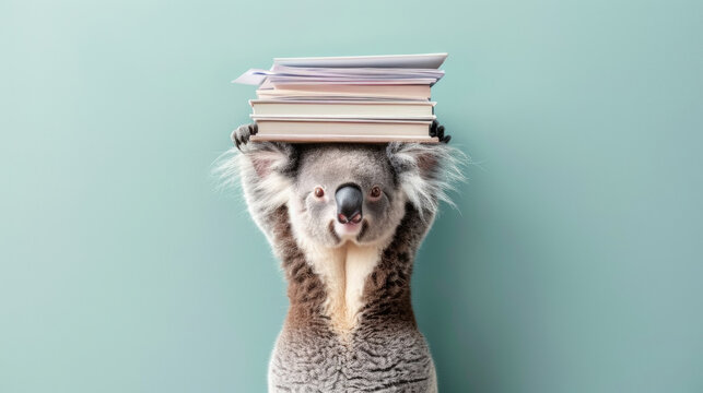 A koala is balancing a stack of books on its head in this unique and amusing scene