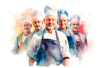 group of 5 male chefs in professional clothes, inspired by a passion for cooking, look into the camera and smile sweetly,the concept of the restaurant business,culinary events,watercolor illustration - obrazy, fototapety, plakaty