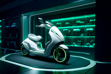 The original futuristic sci-fi concept of an electric scooter in a retail store, photorealistic, modern minimalism, green and silver,neon backlight - obrazy, fototapety, plakaty
