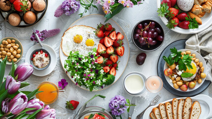 A beautifully arranged brunch table with seasonal flowers and a variety of healthy dishes,...