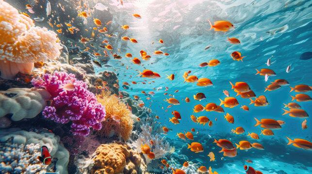 Multiple fish swimming together in a school over a vibrant coral reef in the ocean