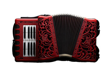 A vibrant red accordion rests gracefully on a clean white background