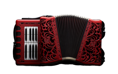 A vibrant red accordion rests gracefully on a clean white background
