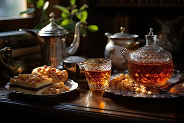 Fototapeta na wymiar On the table, a charming tea set awaits. In a curvy armudu glass, fragrant tea swirls. Beside it, a delightful spread: jams, sweets, and nuts with raisins. 