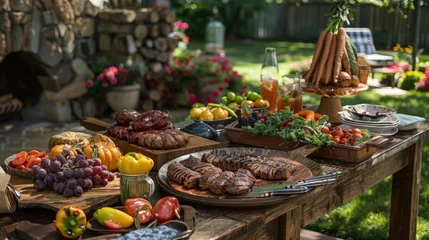 Fotobehang A rustic wooden table laden with grilled meats, fresh fruits, and vegetables offers a sumptuous spread for an outdoor summer gathering © sommersby
