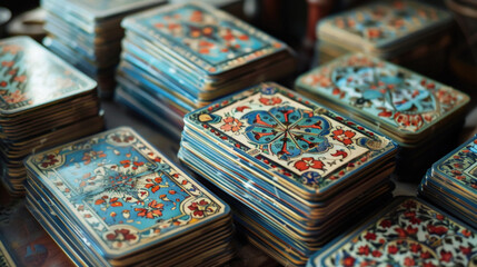 Several decks of ornately decorated tarot cards piled neatly, showcasing colorful floral and abstract patterns