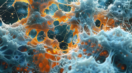 A close-up view showcasing the complexity of biotechnological cell structures with a dynamic orange and blue color scheme