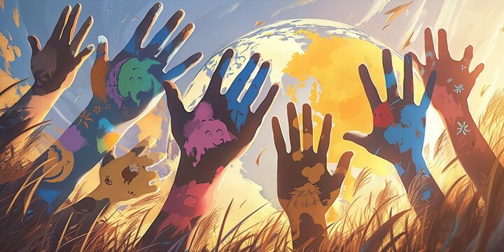 A group of children's hands with different colors painted on them, showing unity and diversity in the world. 