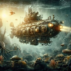 Steampunk-themed submarine exploring the depths of an underwater world filled with mechanical sea creatures
