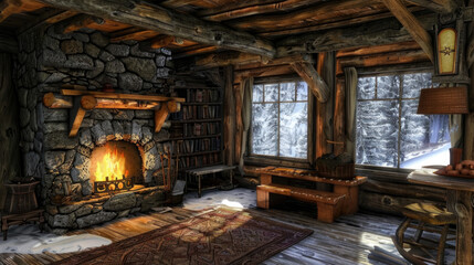 Fototapeta na wymiar A living room featuring a fireplace positioned in the center, surrounded by furniture and decor