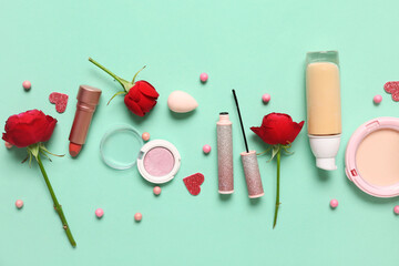 Cosmetic products with red roses on turquoise background. Valentine's day celebration - obrazy, fototapety, plakaty