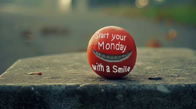 A red button with the text Start your Monday with a smile prominently displayed. Encouraging positive vibes for the beginning of the week