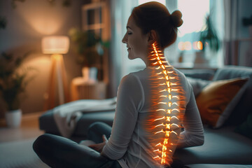 Selective focus of A woman with back pain is sitting on the sofa in the living room.