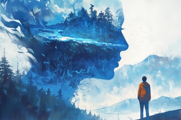 A surreal digital painting of an island in the shape of a woman's head, with a double exposure of watercolor splashes and a coral reef. 
