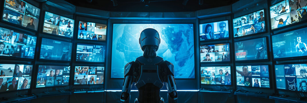 A robot stands in front of multiple CCTV camera displays, a futuristic atmosphere filled with technology.