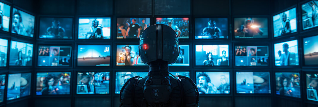 A robot stands in front of multiple CCTV camera displays, a futuristic atmosphere filled with technology.
