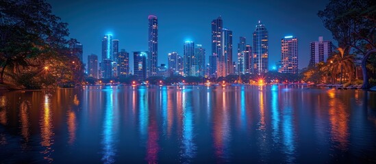 Fototapeta premium Cinematic Modern City Skyline at Night with Waterfront Reflections