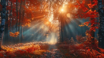 Vivid morning in colorful forest with sun