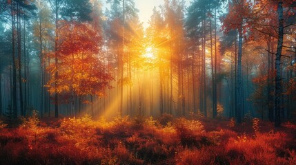 Vivid morning in colorful forest with sun - obrazy, fototapety, plakaty