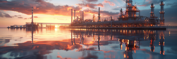 3D rendering of a modern oil and gas production plant with large pipes.