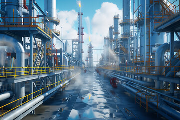 Obraz premium 3D rendering of a modern oil and gas production plant with large pipes.