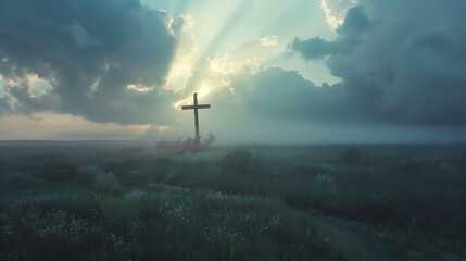 A cross standing alone in a field with rays of sunlight breaking through clouds