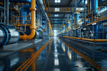 3D rendering of a modern oil and gas production plant with large pipes.