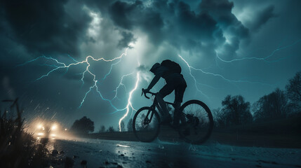 Obraz premium A cyclist pedaling furiously as lightning strikes behind them, adrenaline-fueled adventure in a storm