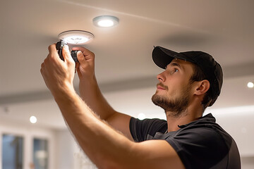Focused Handyman in Black Cap Adjusting Ceiling Light Fixture, Home Improvement Expertise