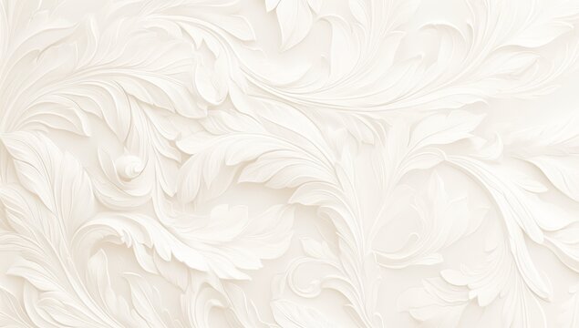 A white wall with a textured surface made of overlapping organic shapes, resembling the texture and form of ruffles or feathers. 