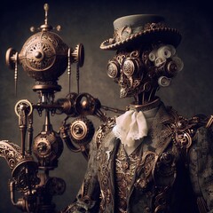 Steampunk-inspired automaton with intricate detailing and Victorian attire
