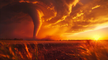 A dramatic sunset illuminating a tornado in the distance, casting an eerie glow 