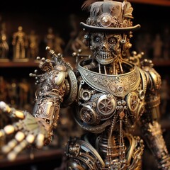 Steampunk-inspired automaton with intricate detailing and Victorian attire
