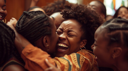 A group of people embracing in joyous celebration, expressing gratitude for answered prayers and miracles 