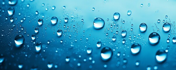 water droplets on all blue matte background with copy space and blank pattern for text or photo backgrdrop