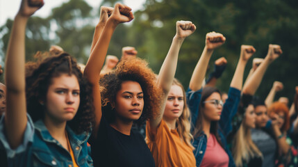 Women Raising Fists in Feminist Protest - obrazy, fototapety, plakaty