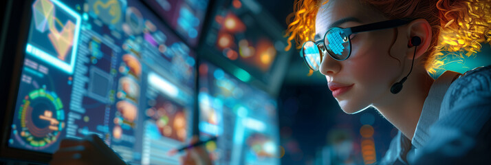 3D cartoon Caucasian woman with orange hair afro working Programmer in the office.