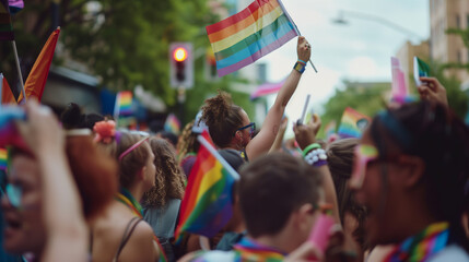 Fototapeta na wymiar Large Group of People Waving Rainbow Flags at LGBTQ Parade
