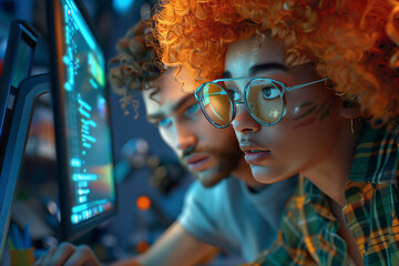 3D cartoon Caucasian woman with orange hair afro working Programmer in the office. - obrazy, fototapety, plakaty