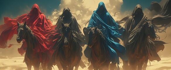 four horsemen, cloaked in dark grey robes with long sleeves and hoods covering their faces riding horses on the desert sand