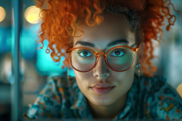 3D cartoon Caucasian woman with orange hair afro working Programmer in the office.